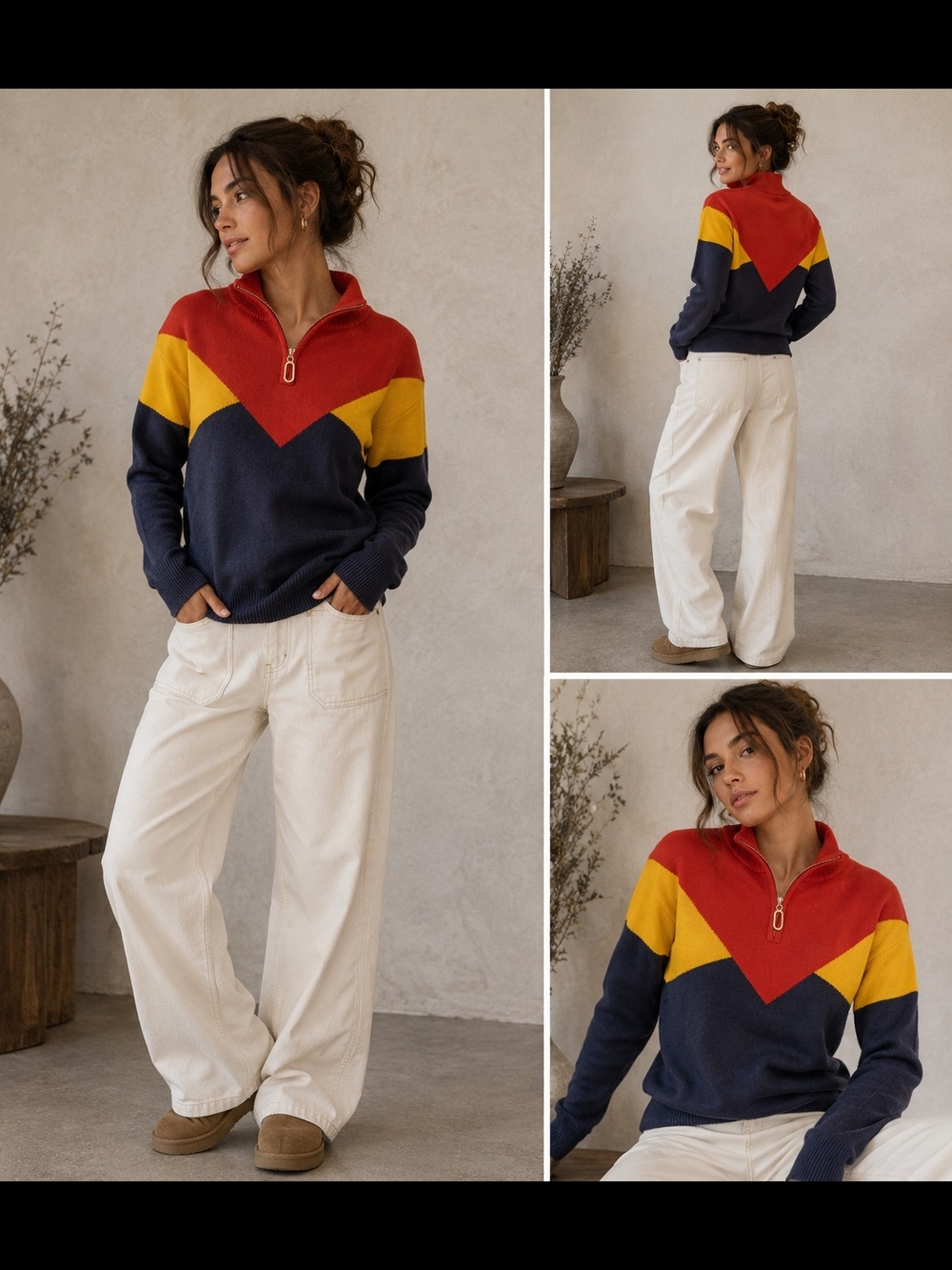 Colorblock Half-Zip Turtleneck Sweater - Navy/Red/Yellow